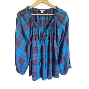 Sundance Size Large Plaid Raw Hem Tie Neck Peasant Top Blue 100% Cotton